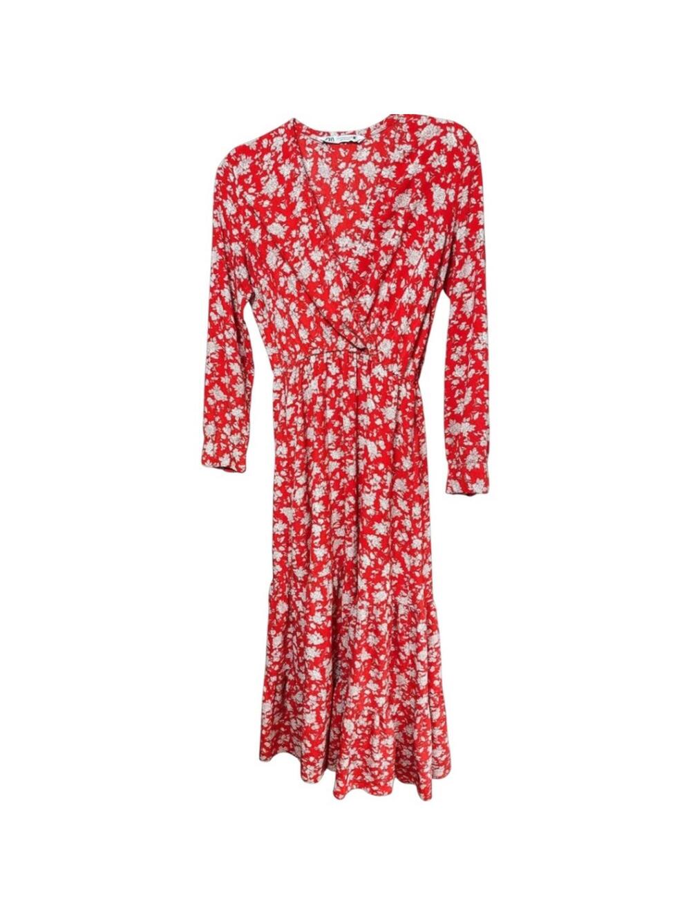 Zara Red White Floral Criss Cross Wrap Long Sleeve Maxi Dress‎ Ruffle Neck Sz XS